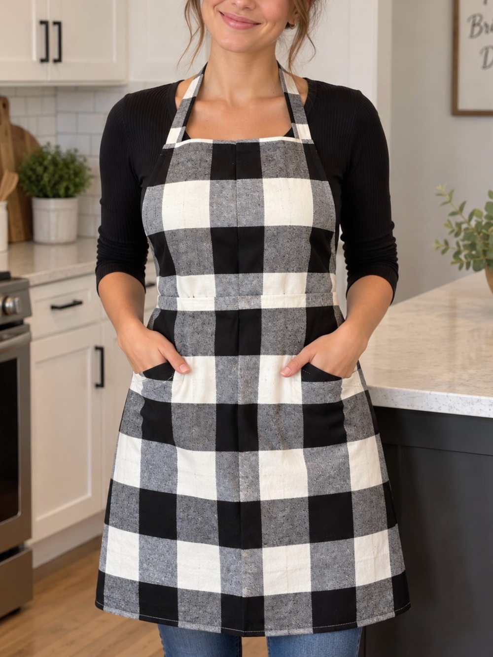 Set of 2 Black & White Buffalo Check Apron - Classic Kitchen Apron
